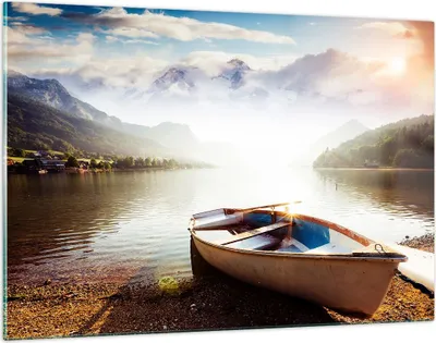Produktbild von Bilder auf glas - Berge See Boot - 120x80cm - Glasbilder - Wandbilder - Kunstdruck - zum Aufhängen bereit - Wanddekoration aus Glas - Glas Bilder - Wandbild auf Glas - Einteilig - GAA120x80-3927
