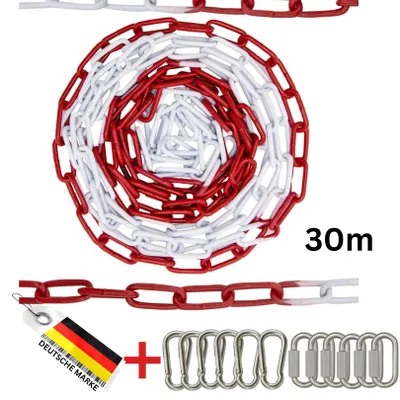 Zdjęcie produktu dla FAMEX, łańcuch z metalowych ogniw o długości 30 metrów, średnica ogniw 5 mm, kolor czerwono-biały, wykonany ze stali ocynkowanej. Zawiera karabinki i element umożliwiający szybkie odblokowanie. Odporny na warunki atmosferyczne, idealny na budowy i parkingi