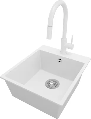 Produktbild von PRIMAGRAN Granitspüle Weiß 43x50cm, Spülbecken 1 Becken + Küchenarmatur 40x20cm + Ablauf-Set, Küchenspüle ab 45er Unterschrank - Riga