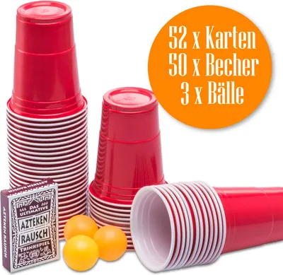 Produktbild von Beer Pong Party Set Komplett: 50 Rote Trinkbecher, 3 Bälle & Aztekenrausch Partyspiel - Das ultimative Saufspiel & Trinkspiel für Erwachsene
