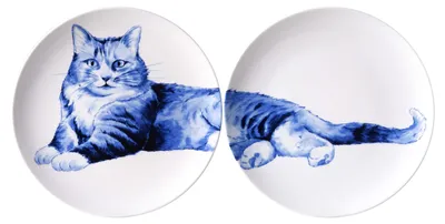 Productafbeelding van Heinen Delfts Blauw – Wandschotel, Ontspannen Kat, Twee Delen