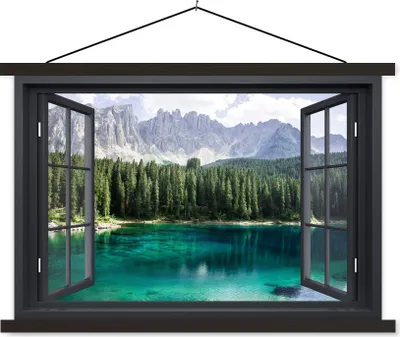 Produktbild von MuchoWow® Textilposter Aussicht - Baum - Berge 90x60 cm mit schwarzem Rahmen - Aufhängungssatz