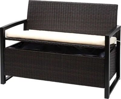 A poly-rattan bench with storage and a cream cushion.