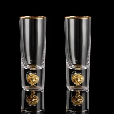 Immagine prodotto di Set di 2 bicchieri da liquore in cristallo, capacità 6 cl, con scaglie di foglia d'oro 24 carati, privi di BPA e senza piombo