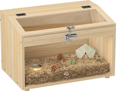Image de PawHut Cage à hamster en bois, cage à souris avec couvercle ouvrable, fenêtre en acrylique et trous de ventilation pour hamsters nains et gerbilles, 55 x 35 x 35 cm, effet bois naturel