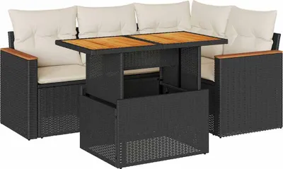 Produktbild von Garten-Lounge-Set 5-teilig, modular, Poly Rattan Schwarz, Akazienholz, mit Stauraum & wasserfestem Beutel, Cremeweiße Kissen, UV-beständig