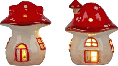 Produktbild von 2er Set Deko Pilze HERBST mit LED Licht H. 11cm weiß rot Steingut Formano H25
