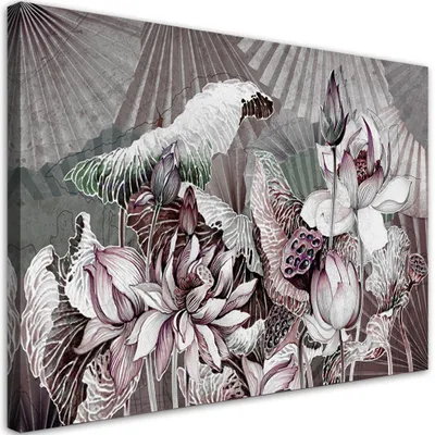 Produktbild von Leinwandbild Lotusblumen und Fächer 100x70 Feeby Grau bild für die wand bereit zum aufhängen