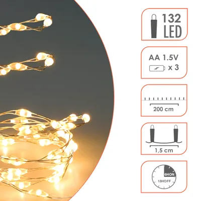 Produktbild von Lichterkette warmweiß 200 cm 132 LED mit Timer - Draht Weihnachtsdeko Batterie