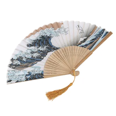Produktbild von elegantný bambusový skladací ventilátor s maľovanými vlnami v japonskom štýle, dekoratívny pre domácnosť a kanceláriu, ľahký a prenosný na tanec a svadby