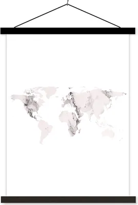 Produktbild von MuchoWow® Textilposter Weltkarte - Marmor - Grau 60x80 cm mit schwarzem Rahmen - Plakathalter
