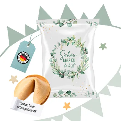 Produktbild von 10 Glückskekse Schön, dass du da bist – Gastgeschenk Hochzeit mit Eukalyptus