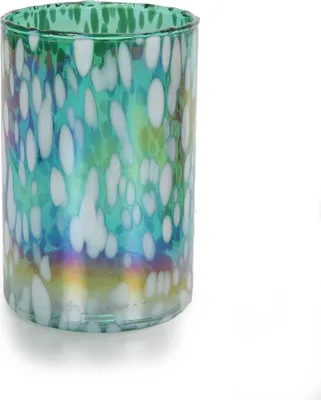 Produktbild von Glas-Windlicht Point, semi-transparent mit irisierendem Farbverlauf und dekorativem Muster aus verlaufenden Punkten, für Stumpenkerzen oder Teelichter, grün