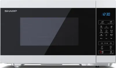 A white and black Sharp microwave oven is shown from the front.
