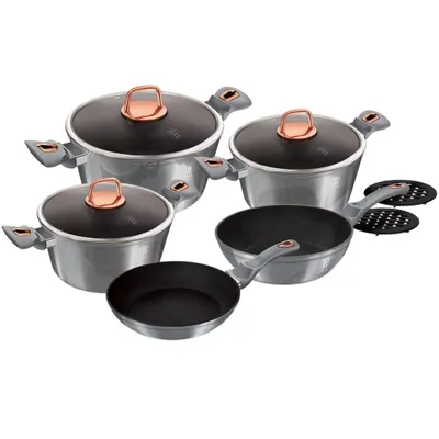 Produktbild von Berlinger Haus Moonlight Kochtopf Set 10-Teiliges Induktions Antihaft-Aluminium 3 Kochtöpfe 3 Bratpfannen Grau