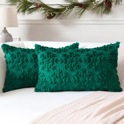 Produktbild von Set mit 2 Kissenbezügen aus weicher Wolle, kurzem Samt, dekorative Weihnachtskissen für Sofa und Schlafzimmer, schneeweiß grün, 30 x 50 cm