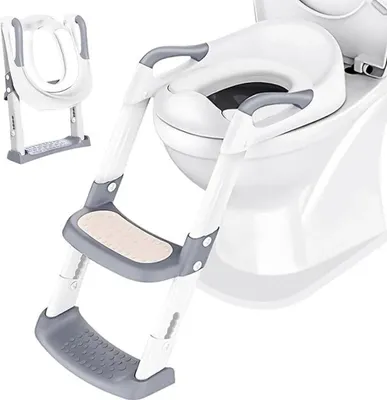Produktbild von Toilettentrainer Kinder, verstellbarer Sitz mit Leiter, 5 Stufen, rutschfest, Anti-Spritz, klappbar, 1–10 Jahre, Grau/Weiß