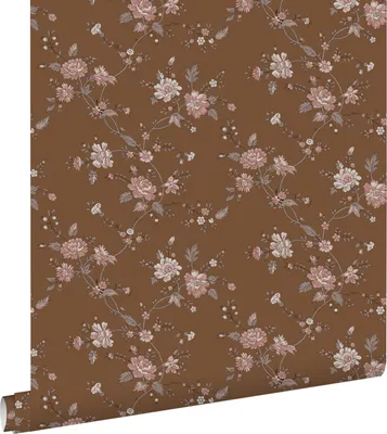 Imagen del producto de ESTAhome papel pintado flores marrón herrumbre y rosa 53 cm x 10.05 m