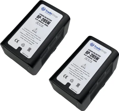 Produktbild von 2x Trade-Shop Li-Ion Akku V-Mount 14,4V 20100mAh 285Wh mit Twist D-Tap USB Ausgang für Sony HDW-680 ARRI Alexa Canon EOS C100 C300 C500 5D 7D 60D