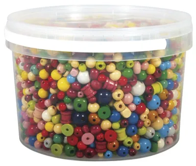Produktbild von Rayher 1209400 Holz-Perlen, bunt, 4-16 mm ø, Dose 1200g