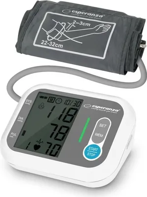 A digital blood pressure monitor and its cuff are shown against a white background.