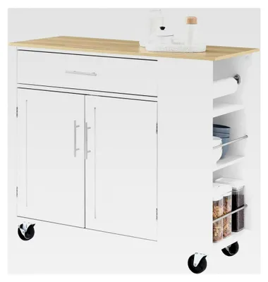 Produktbild von Kücheninsel mit Arbeitsplatte Rollbarer Küchenwagen & Servierwagen mit Schublade Freistehende Kücheninsel auf Rollen für Küche, Esszimmer & Outdoor Weiß 99 x 85 x 40 cm