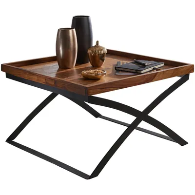 Produktbild von Couchtisch WL5.595 63x39x63cm Sheesham Massivholz / Metall Sofatisch, Design Wohnzimmertisch Industrial Style, Stubentisch Braun/Schwarz, Designer Kaffeetisch massiv, Tisch quadratisch