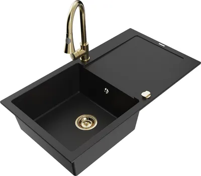 Produktbild von Mexen Leo 1 Becken-Granitspüle mit Abtropffläche und Mischbatterie Elia, Schwarz - 6501-77-670101-50