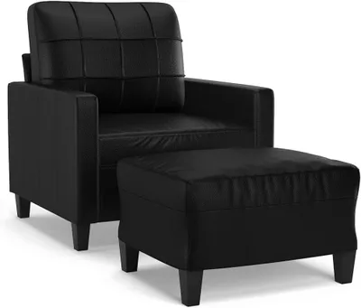 Produktbild von Schwarzer Sessel mit Hocker aus Kunstleder, 60 cm, robustes Gestell, bequeme Polsterung und platzsparendes Design für Wohnzimmer und Lounge