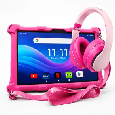 Produktbild von AngelTech Kinderpaket XL PRO II- Kindertablet + Kinderkopfhörer - Android 16 - 6+8 GB RAM - 128 GB - Octa-Core-Prozessor - Schnelles 10 Zoll - Rosa