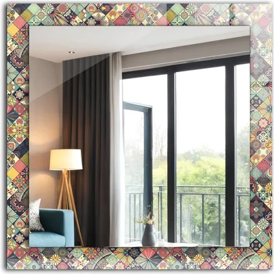 Produktbild von Dekorativer Wandspiegel - Bedruckter Spiegel - Motiv - 60x60 cm - Bunte Patchwork-Muster