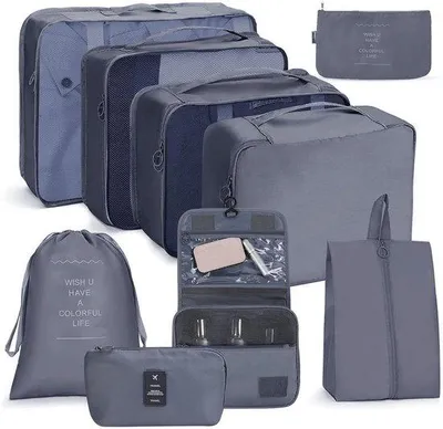 Productafbeelding van Ibenzoa® 9-delige reisetassen-organizer set – pakzakken en schoenenzakken, waterdichte polyestertassen met rits en compressieriemen, grijs