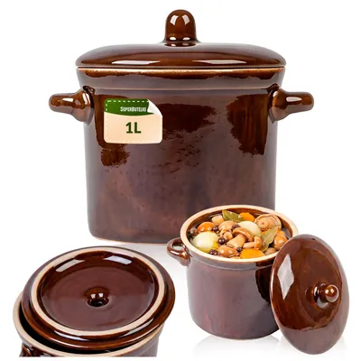 Zdjęcie produktu dla SuperButelki - Garnek ceramiczny 1l kamionka z pokrywką 1000 ml na ogórki, kapustę, smalec, komplet w kolorze brązowym