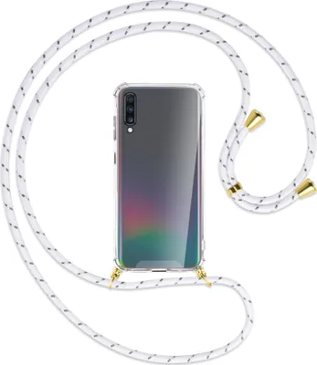 Produktbild von Handykette Backcover-Schutzhülle mit Band (Metall goldfarben) für Samsung Galaxy A70 - weiß/grau