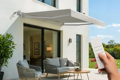 Produktbild von FAZZIO 3 m x 2,5 m weiße, motorisierte Halbkassettenmarkise mit beigem Stoff