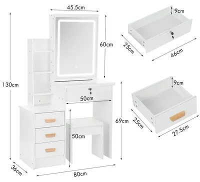 Image de Coiffeuse - Table de maquillage - Miroir LED à luminosité réglable - 4 tiroirs et 6 rangements dissimulés - tabouret inclus - Blanc