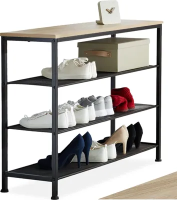 A shoe rack with shoes and a decorative box on it, against a white background.