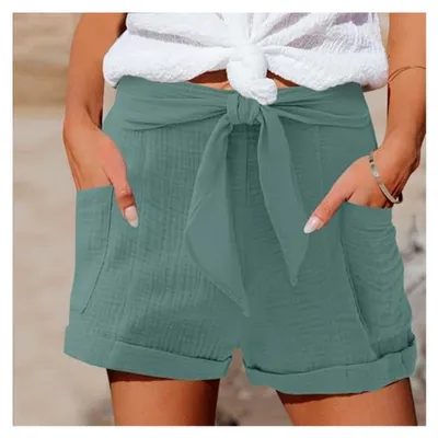 Produktbild von Damen Shorts für den Sommer, kurze Hose in Beige, Wandershorts mit Gummibund, leichte Sommershorts mit hoher Taille, einfarbige Freizeithose mit geradem Bein und Kordelzug, lässige Trainingshose