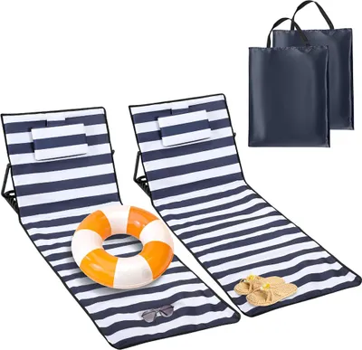 Produktbild von Izrielar Strandmatte mit Tragegurt, 2 Stück, Gepolstert, mit verstellbarer Kopflehne, Kopstütze, Rückenlehne, 158 x 55 x 52 cm, Blau-weiß gestreift