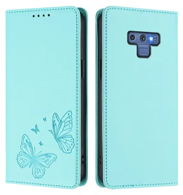 Image de Étui en cuir pour Samsung Galaxy Note 9, motif papillon en relief, étui portefeuille à rabat avec support, vert menthe