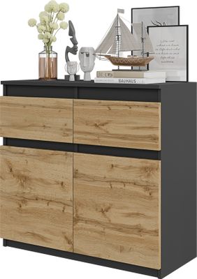 FURNICA - NOAH - Kommode / Sideboard mit 2 Schubladen und 2 Türen - Anthrazit Grau / Wotan Eiche H75cm B80cm T35cm