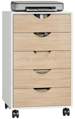 Obrázek produktu pro Mobilní archivní skříň – kancelářský vozík s 5 zásuvkami – s kolečky – dřevěná – 40 x 40 x 67 cm – bílá