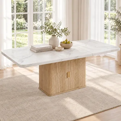 Imagen del producto de Mesa extensible para comedor con tablero reforzado, mesa de cocina con espacio de almacenamiento, apta para 6-8 personas, 150/200 x 90 cm, color blanco