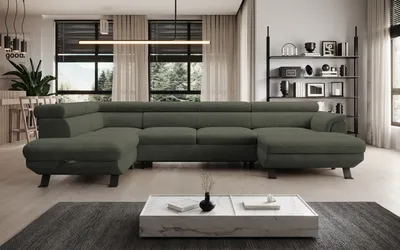 Zdjęcie produktu dla DomoHome ECKSOFA RAVEN XL - Narożnik z funkcją spania z wysuwanym łóżkiem, regulowane zagłówki, pojemnik na pościel, duża sofa 334x198x162 cm lewa strona taupe