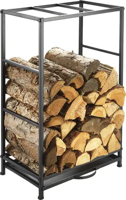 A metal firewood rack filled with logs.