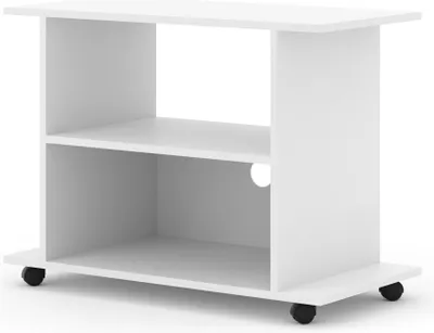 A white TV stand with two shelves and wheels, shown against a white background.