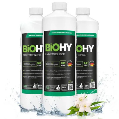 Produktbild von BiOHY Parkettreiniger + Dosierer, Holzbodenreiniger, Parkettpflege, 3 x 1 l