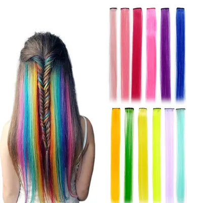 Produktbild von 12 Stück Farbiger Haarverlängerungs Clip, Bunte Gerade Haarteil Perücke Party Highlight für Mädchen, Damen Strähnchen Clip