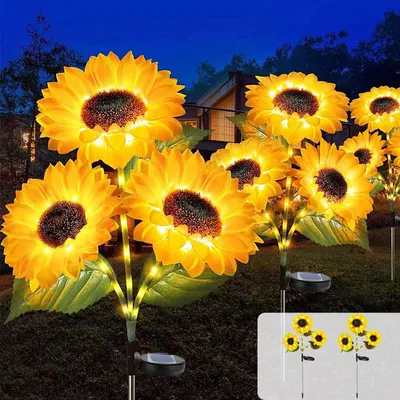 Solarlampen Sonnenblumen, 2er-Set, 42 LEDs, 6 Blüten, wasserdicht