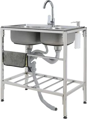 Produktbild von Allzweckspülen für eine Waschküche, Doppelbecken-Küchenspüle aus Edelstahl, freistehende Außenspüle mit Ablagefach